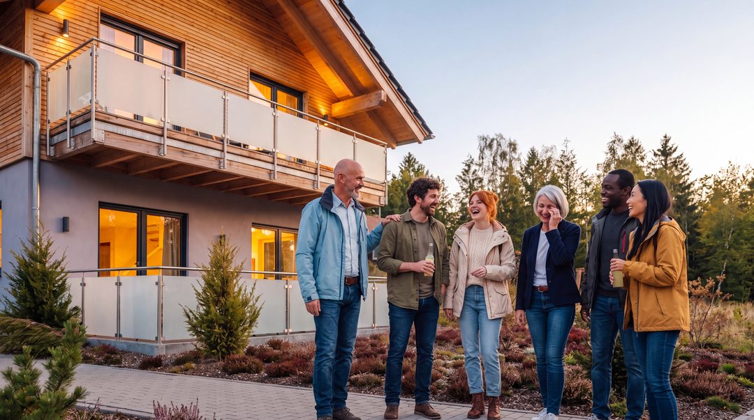 Et team bestående af seks kolleger griner sammen foran et chalet i det gyldne aftenlys; vinduerne er varmt oplyst – symbolbillede
