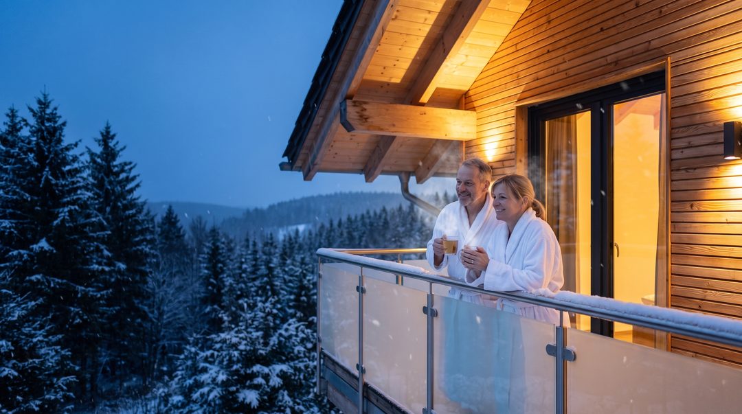 Par i hvide badekåber med dampende te på den snedækkede altan i et chalet i den blå time, symbolbillede