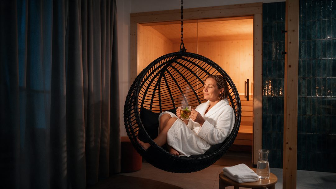Mujer con albornoz blanco tomando una infusión de hierbas en una hamaca frente a la sauna iluminada de un chalet, imagen ilustrativa