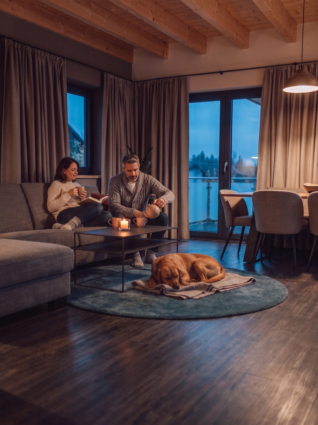 Formato vertical: una tarde en el salón de un chalet; el hombre sirve té, la mujer lee y el perro duerme en su manta en el suelo; imagen ilustrativa.