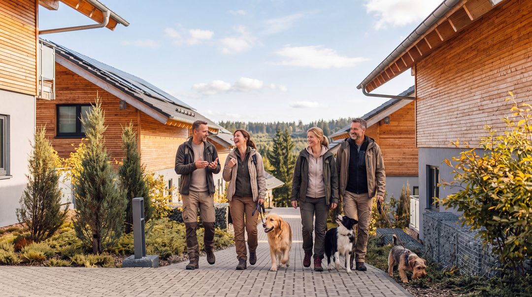 Dos parejas vuelven con un golden retriever, un border collie y un terrier por el camino que une los chalets, a la cálida luz del atardecer; imagen ilustrativa.