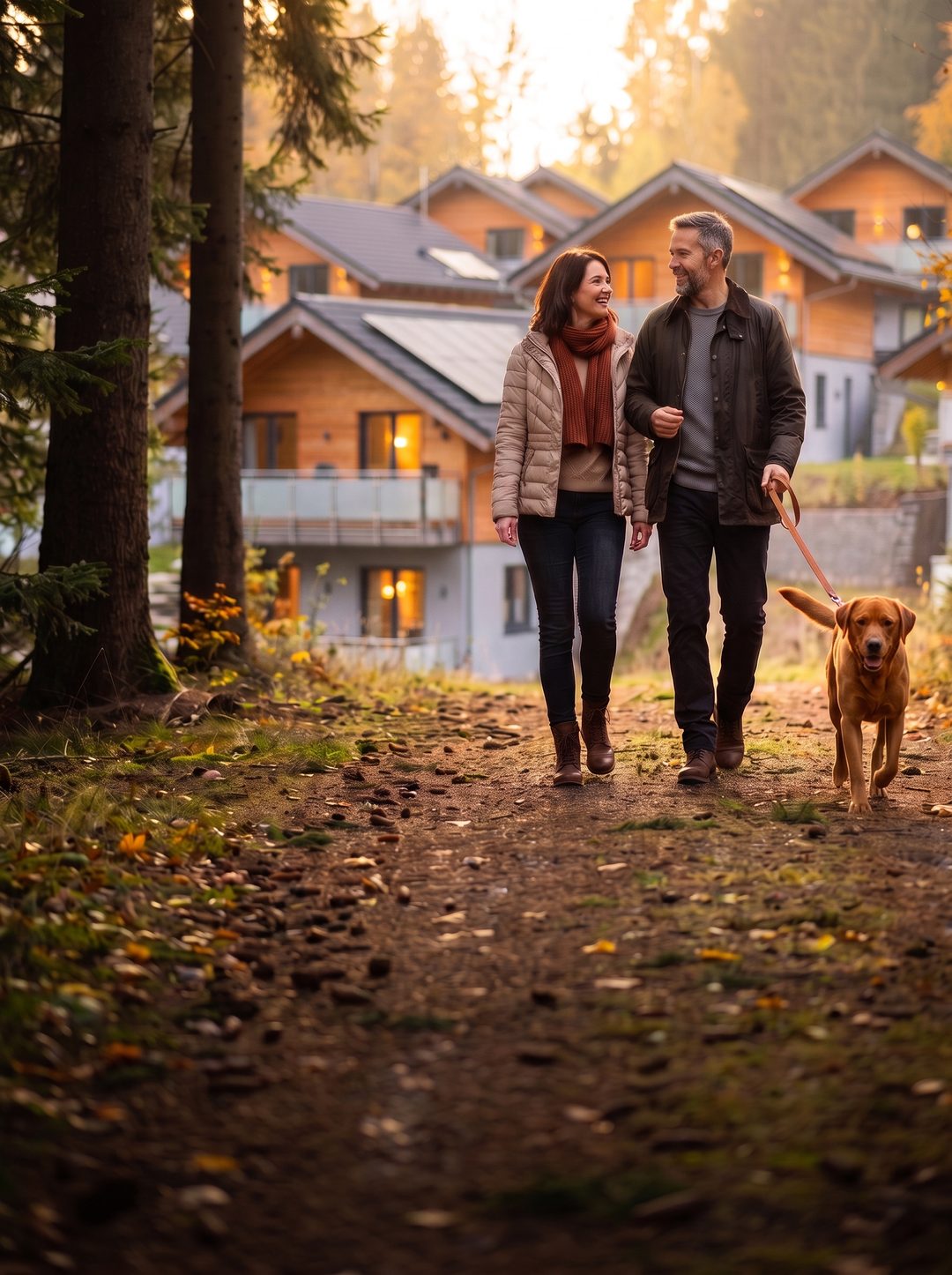 Stående format: Par med en labrador-blanding i snor på en skovsti foran træchalets i aftenlyset, symbolbillede
