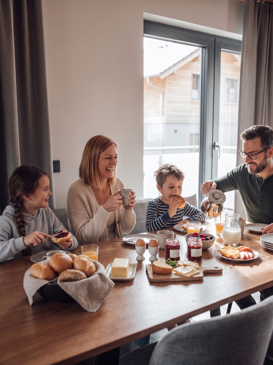 Familie med to børn ved en sen morgenmad ved spisebordet i et chalet, stående format, symbolbillede