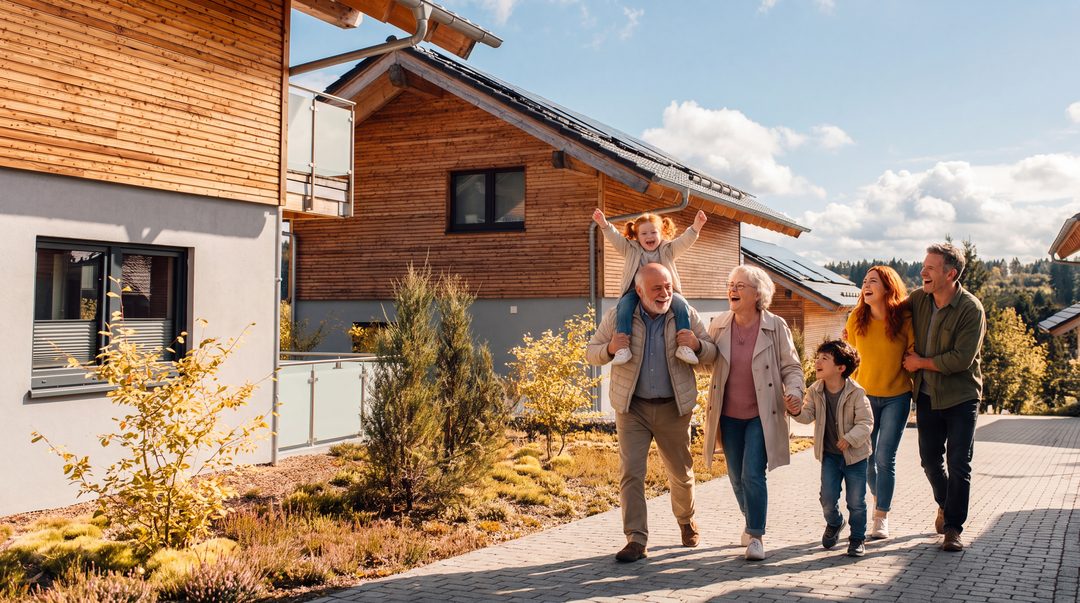 Großvater trägt seine Enkelin auf den Schultern, Großmutter, Enkel und Eltern gehen lachend den Weg zwischen den Chalets entlang, Symbolbild