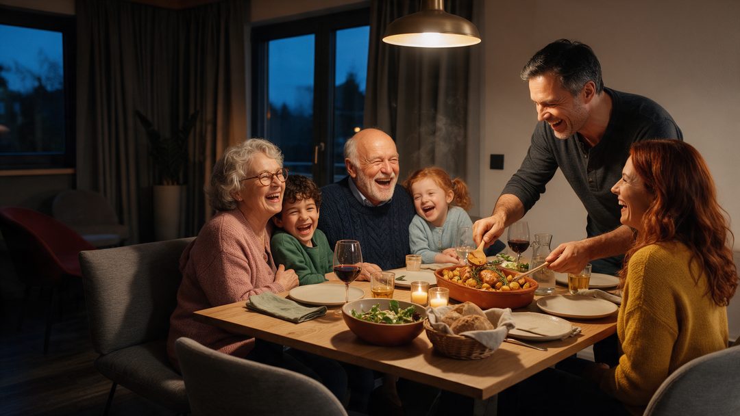 Tres generaciones ríen mientras cenan en la mesa de un chalet, imagen ilustrativa