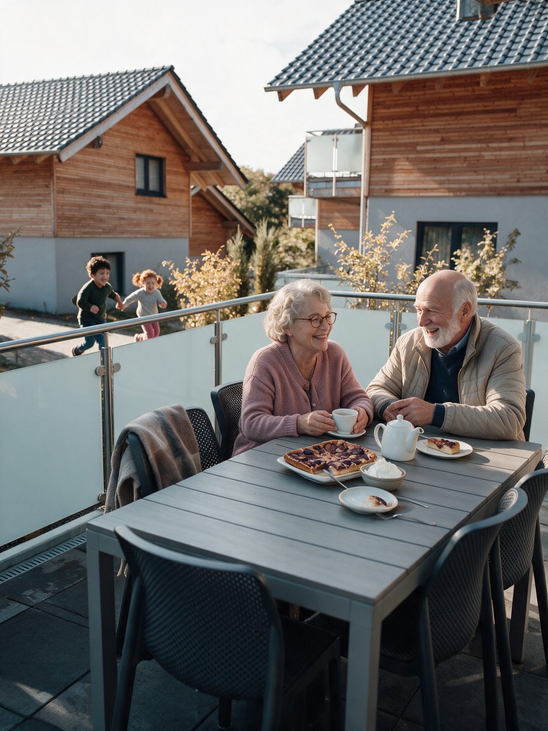Großeltern bei Kaffee und Zwetschgenkuchen auf der Terrasse eines Chalets, im Hintergrund spielen die Enkel, Hochformat, Symbolbild