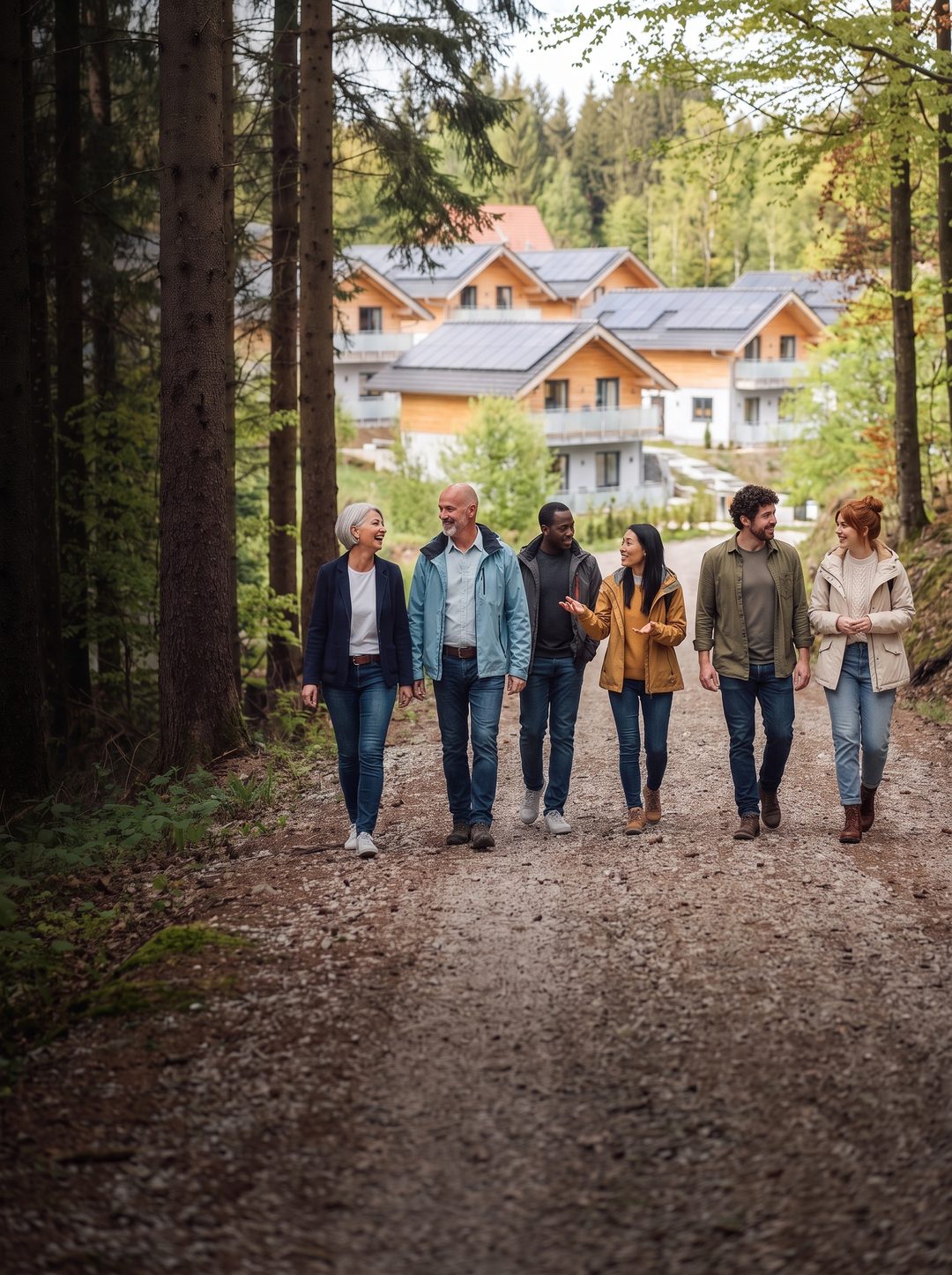 Formato vertical: el equipo camina por un sendero del bosque mientras charla, con chalets de madera al fondo; imagen ilustrativa