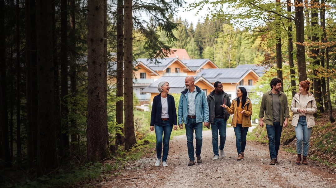 El equipo charlando en un sendero forestal sobre los chalets de madera, imagen ilustrativa